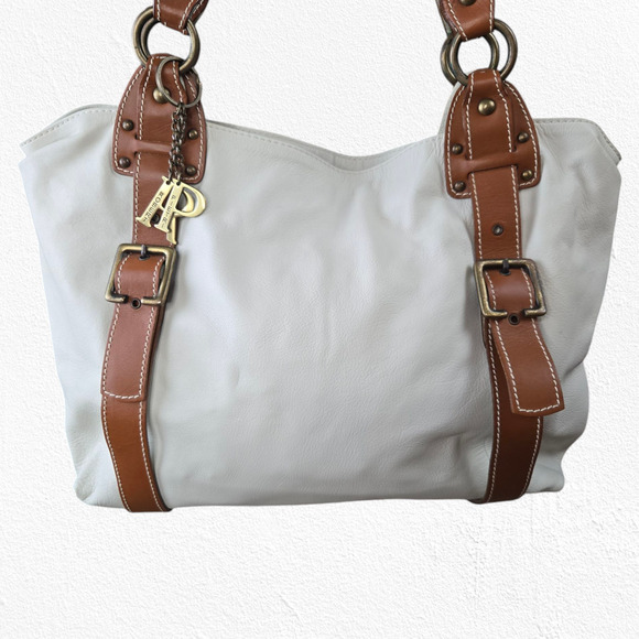 Y2K Robert Pietri White Tan Pebbled Genuine Leather Spacious Tote Shoulder Bag - Picture 2 of 12